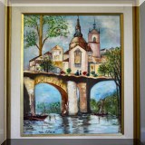 A06. Ruth Cutler bridge scene painting. Acrylic on canvas. Frame: 31”h x 26”w